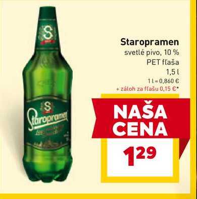 Staropramen svetlé pivo, 10% PET fľaša 1,5l v akcii