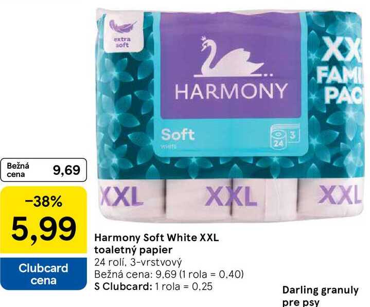 Harmony Soft White XXL toaletný papier 24 rolí, 3-vrstvový 