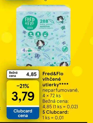 Fred&Flo vlhčené utierky neparfumované, 4 x 72 ks
