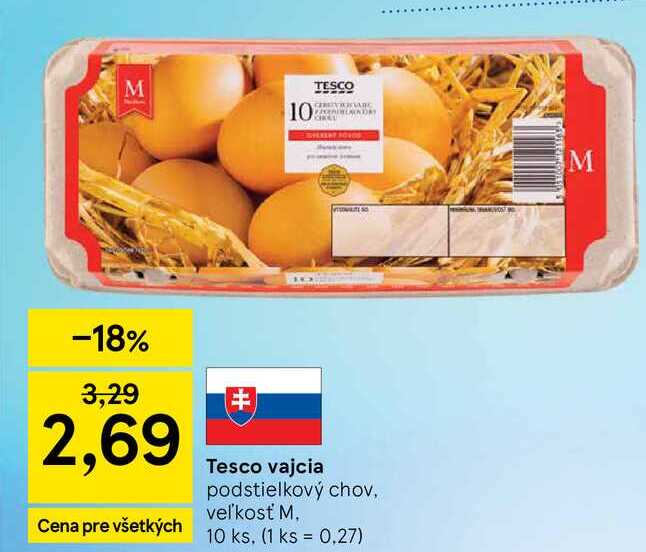 Tesco vajcia podstielkový chov, veľkosť M, 10 ks