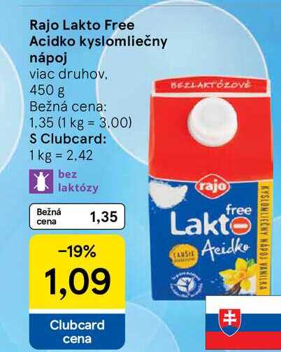 Rajo Lakto Free Acidko kyslomliečny nápoj viac druhov, 450 g 