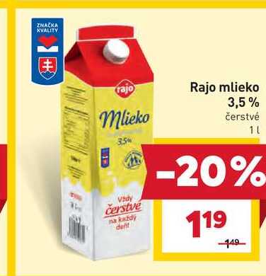 Rajo mlieko 3,5% čerstvé 1l