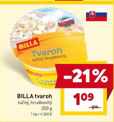 BILLA tvaroh tučný, hrudkovitý 250 g 
