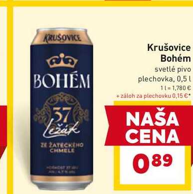 Krušovice Bohém svetlé pivo plechovka, 0,5 L 
