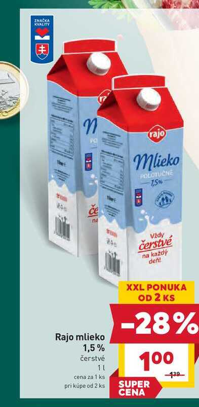 Rajo mlieko 1,5% čerstvé 1l