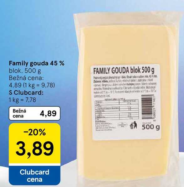 Family gouda 45 % blok, 500 g 