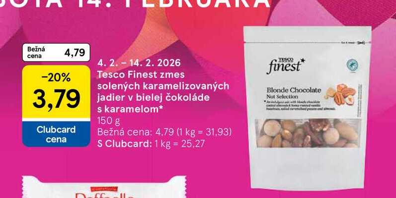 Tesco Finest zmes solených karamelizovaných jadier v bielej čokoláde s karamelom 150 g