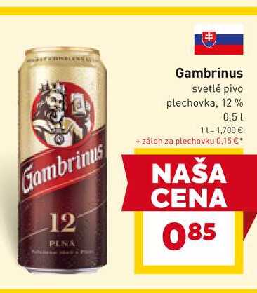 Gambrinus svetlé pivo plechovka, 12% 0,5l