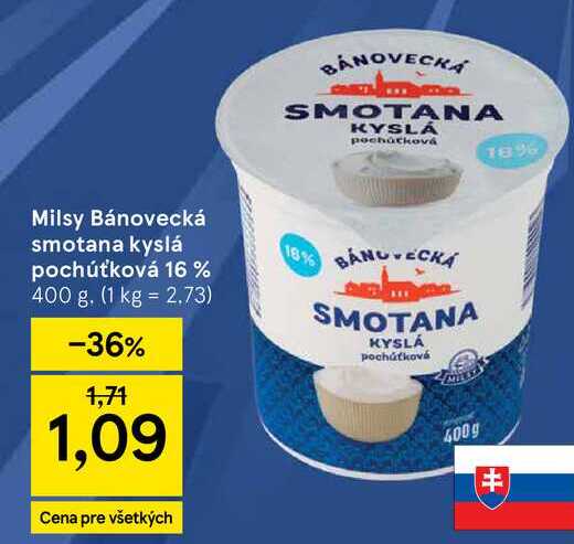 Milsy Bánovecká smotana kyslá pochúťková 16 % 400 g