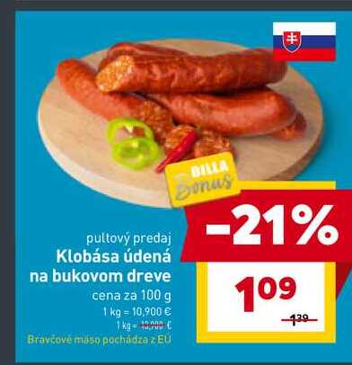 Klobása údená na bukovom dreve cena za 100 g 