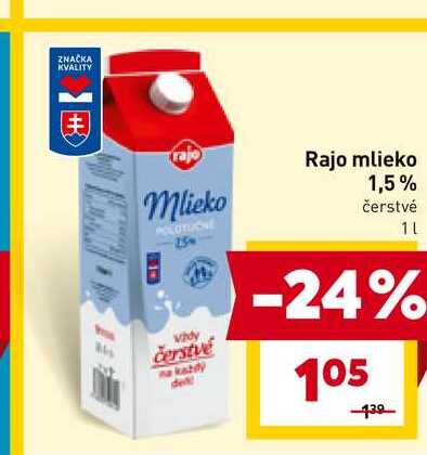 Rajo mlieko 1,5% čerstvé 1L 