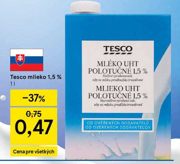 Tesco mlieko 1,5 % 1l