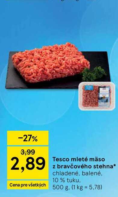 Tesco mleté mäso z bravčového stehna chladené, balené. 10% tuku, 500g