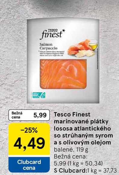 Tesco Finest marinované plátky lososa atlantického so strúhaným syrom a s olivovým olejom balené, 119 g