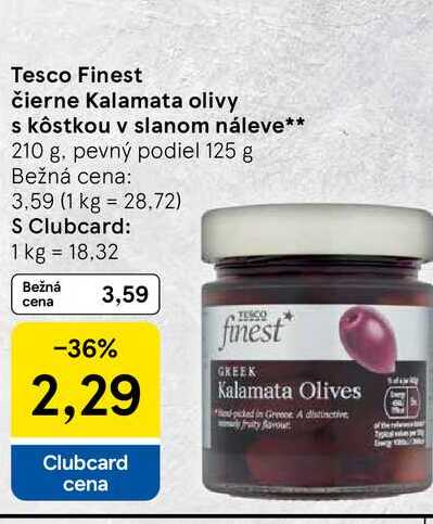 Tesco Finest čierne Kalamata olivy s kôstkou v slanom náleve 210 g, pevný podiel 125 g
