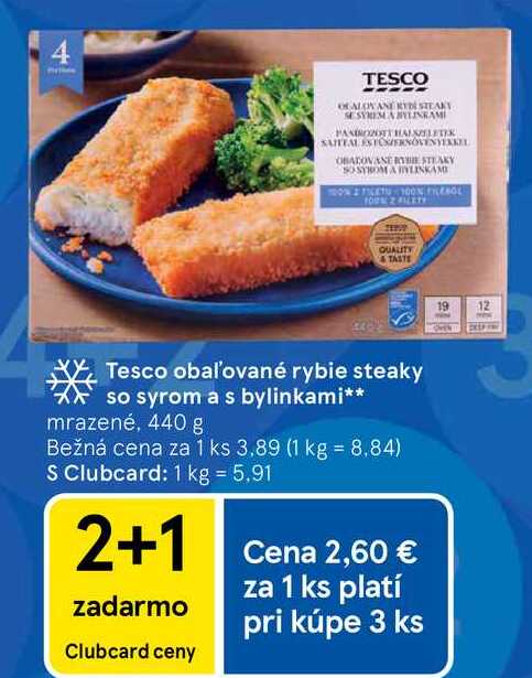 Tesco obaľované rybie steaky so syrom a s bylinkami mrazené, 440 g