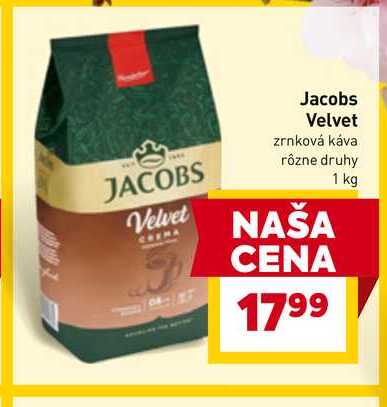 Jacobs Velvet zrnková káva rôzne druhy 1 kg  v akcii