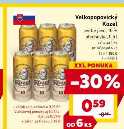 Kozel svetlé pivo, 10% plechovka, 0,5 L v akcii