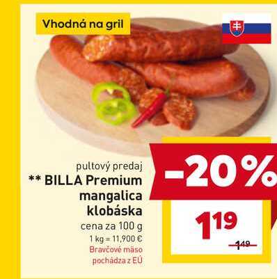 BILLA Premium mangalica klobáska cena za 100 g
