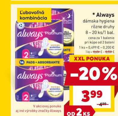 Always dámska hygiena rôzne druhy 8-20 ks