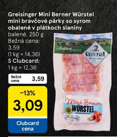 Greisinger Mini Berner Würstel mini bravčové párky so syrom obalené v plátkoch slaniny balené, 250 g