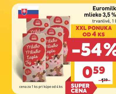 Euromilk mlieko 3,5% trvanlivé, 1 L