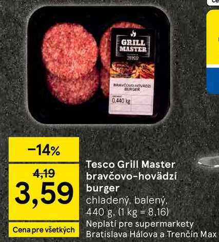 Tesco Grill Master bravčovo-hovädzí burger chladený, balený, 440 g