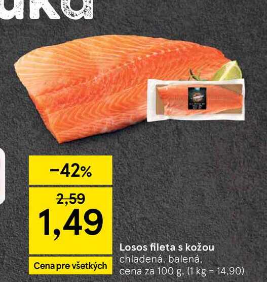 Losos fileta s kožou chladená, balená cena za 100 g