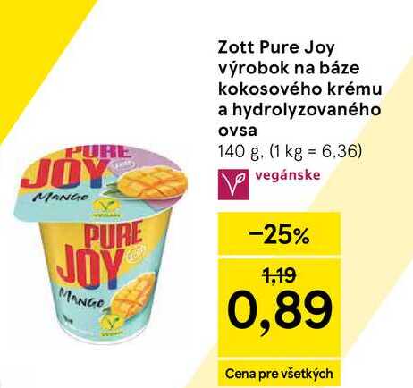 Zott Pure Joy výrobok na báze kokosového krému a hydrolyzovaného ovsa 140 g