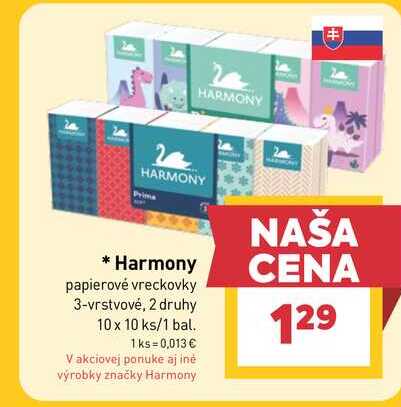 Harmony papierové vreckovky 3-vrstvové, 2 druhy 10 x 10 ks/1 bal. 