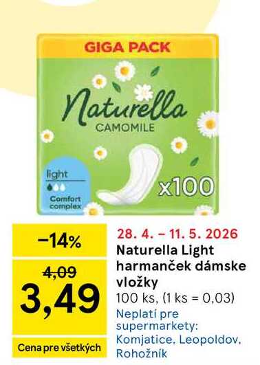 Naturella Light harmanček dámske vložky 100 ks
