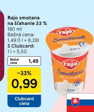 Rajo smotana na šľahanie 33% 180 ml  v akcii