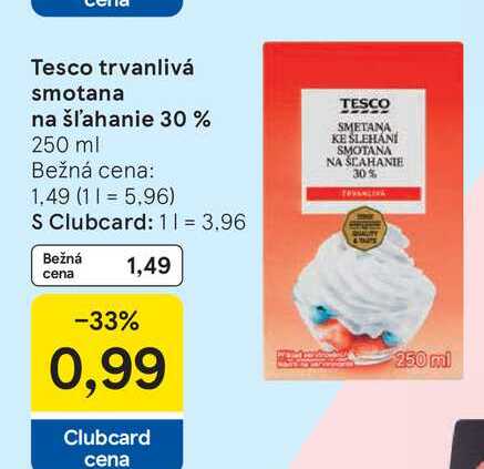 Tesco trvanlivá smotana na šľahanie 30% 250 ml  v akcii