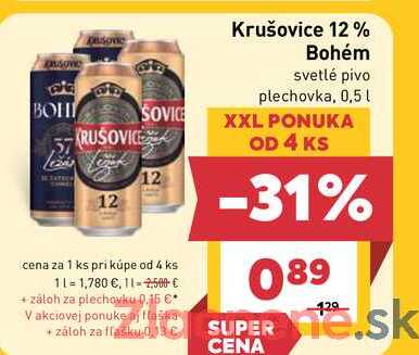Krušovice 12% svetlé pivo plechovka, 0,5l v akcii