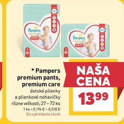 Pampers premium pants, premium care detské plienky a plienkové nohavičky rôzne veľkosti, 27-72 ks