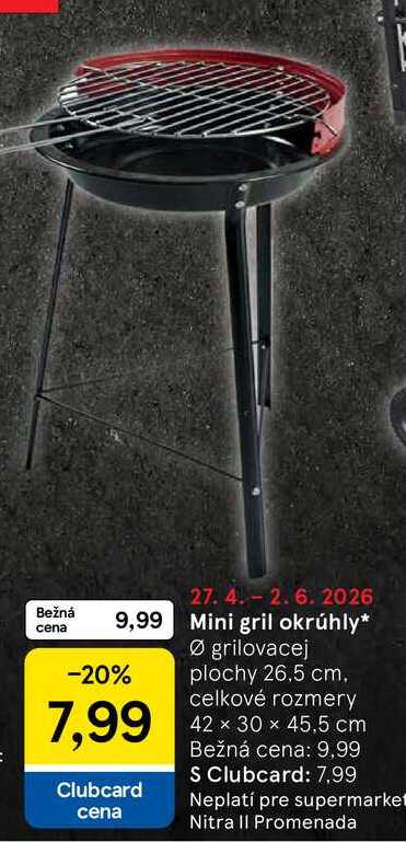 Mini gril okrúhly Ø grilovacej plochy 26.5 cm, celkové rozmery 42 x 30 x 45,5 cm
