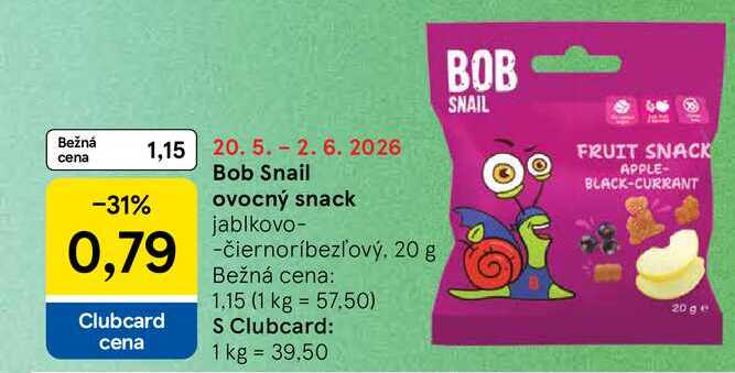 Bob Snail ovocný snack jablkovo-čiernoríbezľový 20 g