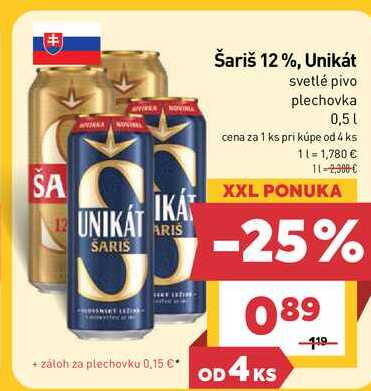 Šariš 12%, Unikát svetlé pivo plechovka 0,5 l v akcii