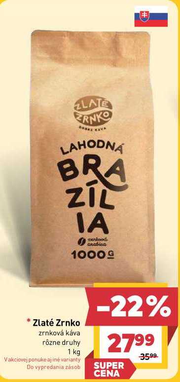 Zlaté Zrnko zrnková káva rôzne druhy 1 kg