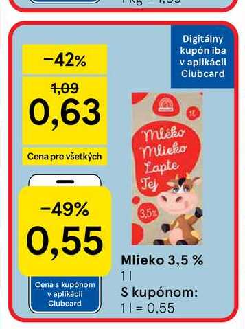 Mlieko 3,5 % 1l v akcii