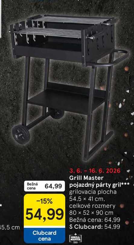 Grill Master pojazdný párty gril grilovacia plocha 54,5 x 41 cm, celkové rozmery 80 x 52 x 90 cm
