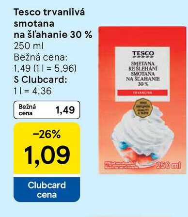 Tesco trvanlivá smotana na šľahanie 30% 250 ml  v akcii