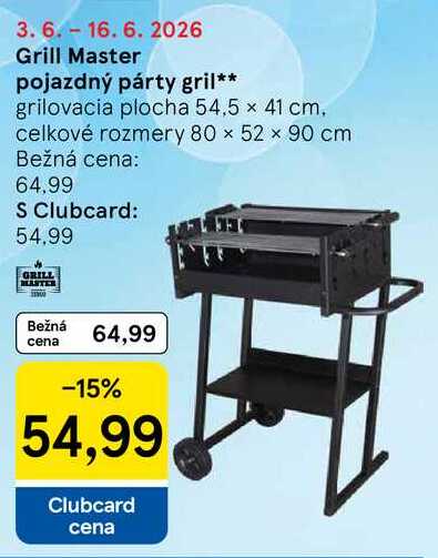 Grill Master pojazdný párty gril, grilovacia plocha 54.5 x 41 cm, celkové rozmery 80 × 52 × 90 cm