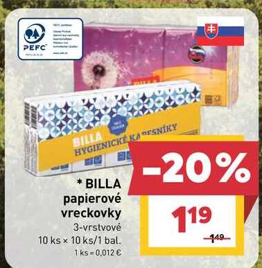 BILLA papierové vreckovky 3-vrstvové 10 ks x 10 ks