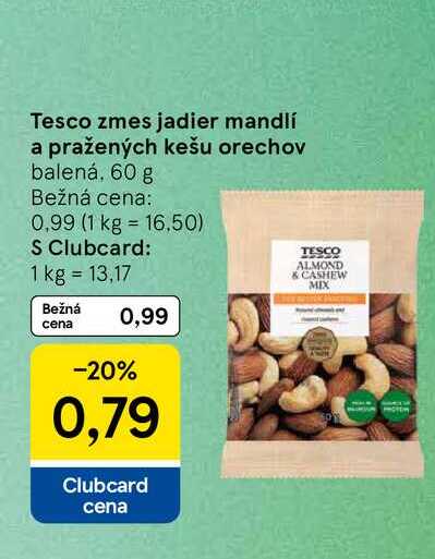 Tesco zmes jadier mandlí a pražených kešu orechov balená, 60 g