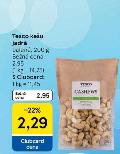 Tesco kešu jadrá balené, 200 g