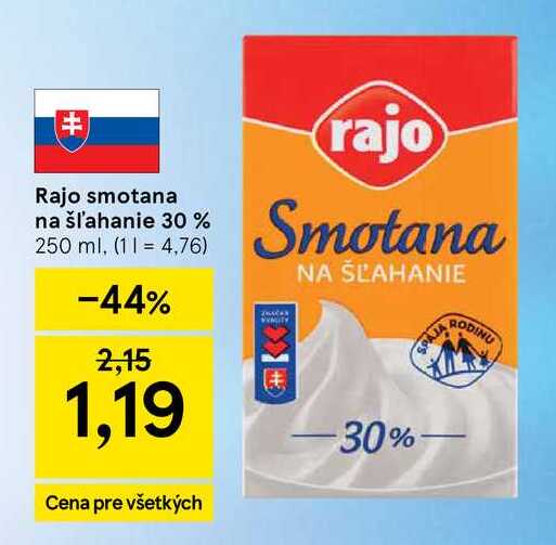 Rajo smotana na šľahanie 30 % 250 ml