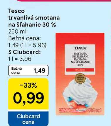 Tesco trvanlivá smotana na šľahanie 30 % 250 ml