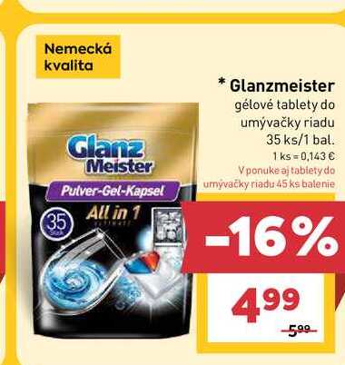 Glanzmeister gélové tablety do umývačky riadu 35 ks/1 bal.