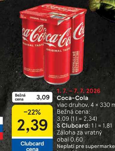 Coca-Cola 4 x 330 ml plechovky, vybrané druhy  v akcii